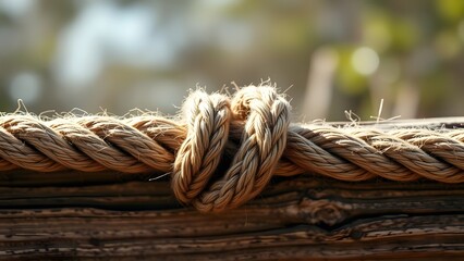 A close-up of a beautifully tied knot in natural rope, showcasing its texture and craftsmanship against a rustic wooden background.   