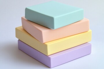 Stack of pastel-colored geometric blocks on white backdrop.