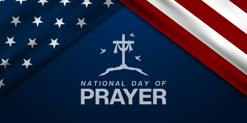 National Day Of Prayer. American flag, cross and bird. Suitable for posters, banners, social media and more. Blue background.