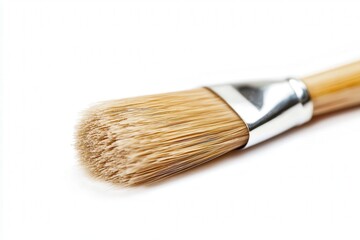 Close-up of a paintbrush with wooden handle on white background.