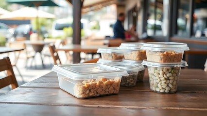 Assorted snacks in clear containers on a cafe table, ideal for casual dining.  