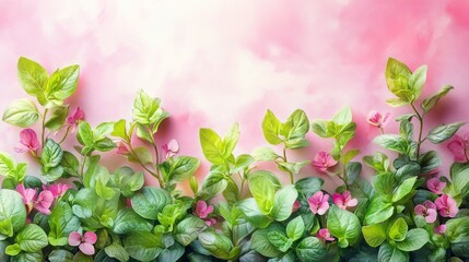 Vibrant greenery and pink flowers against a soft pink sky