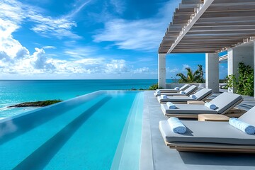 Fototapeta premium Luxurious infinity pool overlooking the ocean, with plush sun loungers under a modern, minimalistic pergola.