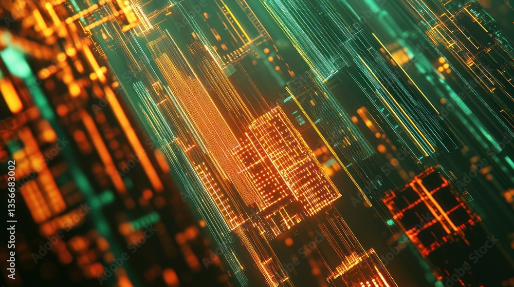 Poster abstract digital cityscape with glowing orange and teal lines, creating a futuristic and technologic
