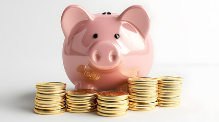 A bright pink piggy bank surrounded by stacks of gold coins on a clean surface represents saving money