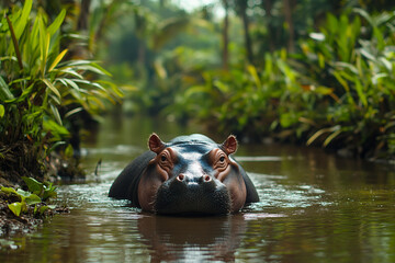 Fototapeta premium Massive hippopotamus immersed in tropical watery passage with lush green vegetation generative AI creation