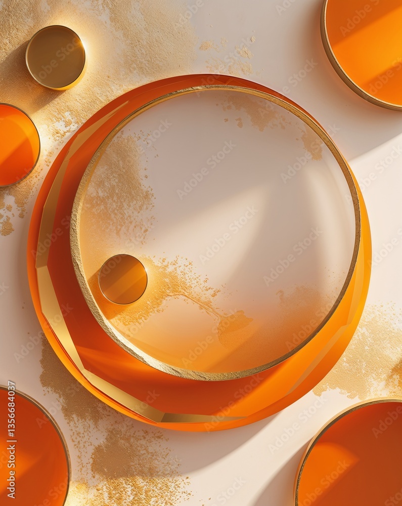 Poster orange with gold transparent circular shapes layer abstract background for card or greeting template