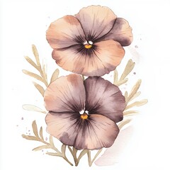 Fototapeta premium Delicate Mauve Pansies Watercolor Painting with Beige Leaves