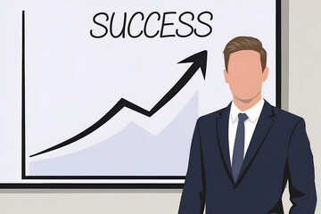 A vector image of a man in a suit standing in front of a whiteboard. On the whiteboard, there's a graph with a steep upward trend. The word "success" is written above the graph. 