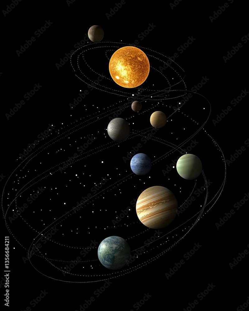 Poster captivating solar system displaying planets orbiting the sun against a starry black background space