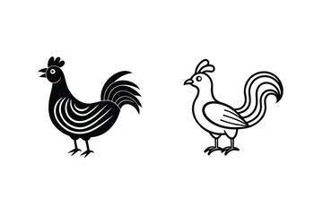 Rooster and Hen Line Art Simple Farm Bird Designs