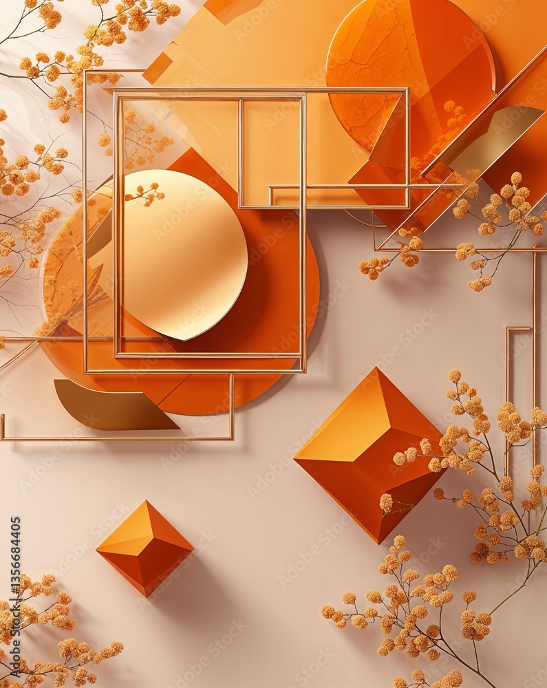Poster orange with gold transparent geometric shapes layer abstract background for card or greeting templat