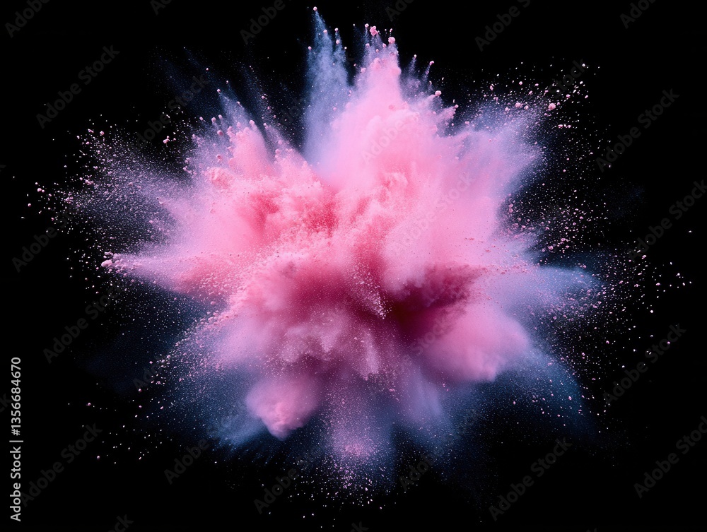 Poster ethereal explosion of vibrant pink powder against a stark black background creating a dynamic and ca