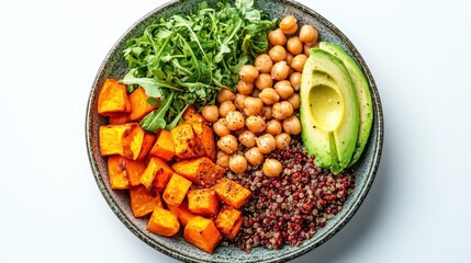 A colorful plate of vegan quinoa salad with roasted sweet potatoes, chickpeas, and avocado, isolated on a white transparent background 