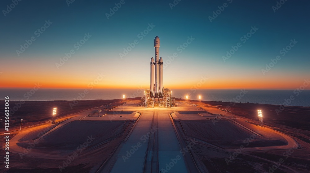 Poster rocket stands ready for launch as the sun rises, highlighting the preparations for a significant aer