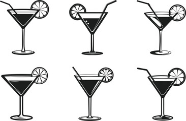 Set of Cocktail Glass Silhouette Vectors with Citrus Garnish and Straws – Bar and Party Drink Icon Collection