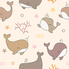 Seamless Pattern with Cartoon Whale Design on Beige Color Background. Hand Drawn Vector Illustration.