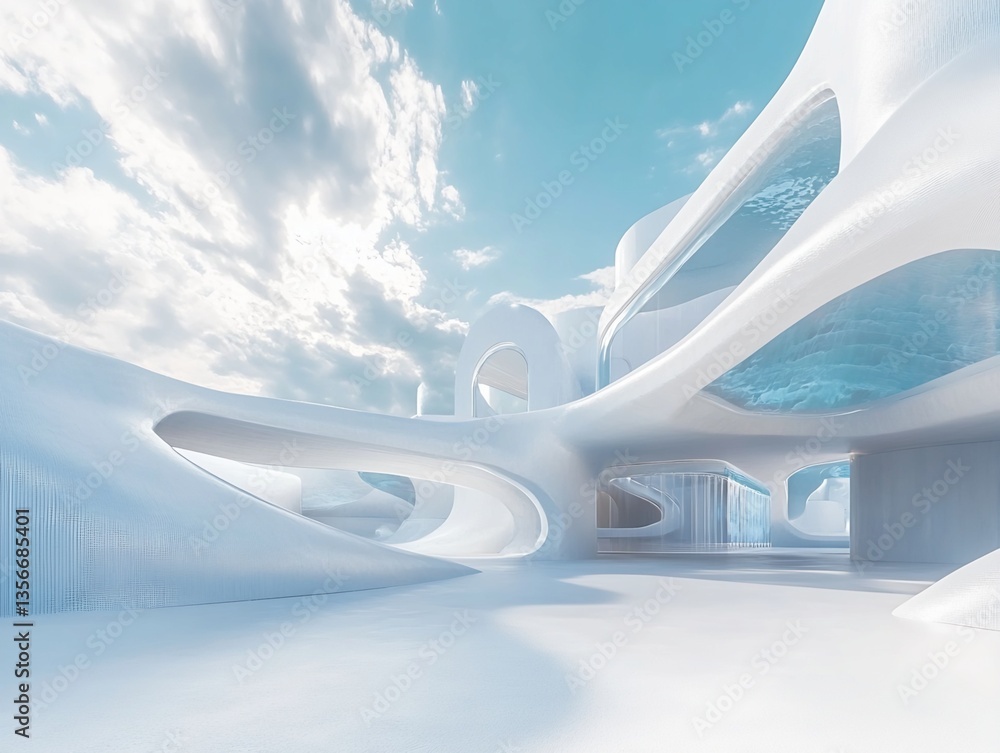 Poster digital rendering of a futuristic white building with organic architecture