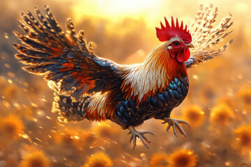 Fototapeta premium Majestic Rooster in Flight at Sunrise 