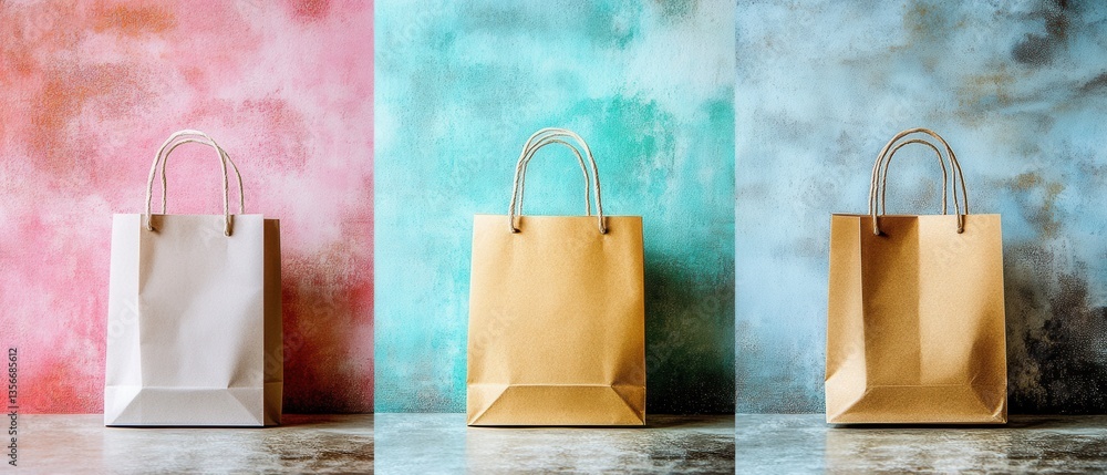 Poster three paper shopping bags in front of colorful textured backgrounds creating a vibrant and modern sh