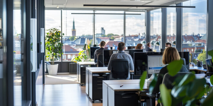 people working in office with green plants. concept of green sustainable environmental business office space workspace, employee wellness and social climate. esg environmental social governance