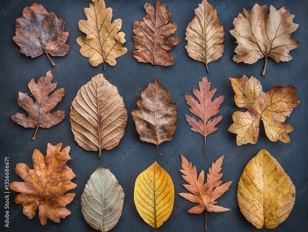 Poster autumnal array of fallen leaves showcasing nature's palette on a dark slate background in a flat lay