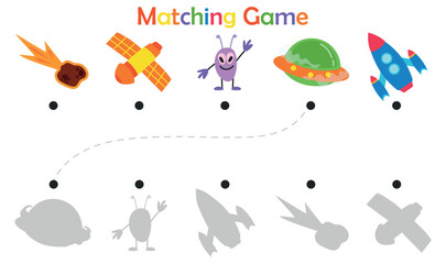 Shadow game for kids. Colored pictures of rockets, flying saucer, alien, satellite