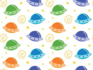 Seamless pattern with colorful flying saucers, spacecrafts, stars. space seamless background