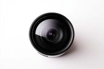 Close-up of a camera lens against a white background.