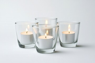 Four lit candles in glass holders create a calming ambiance.