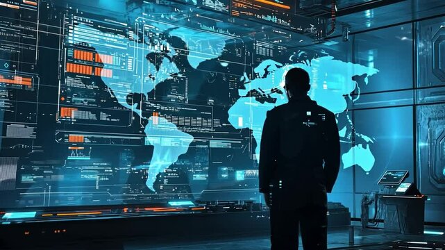 A futuristic lab scene where a technician is analyzing genetic data on a floating screen.