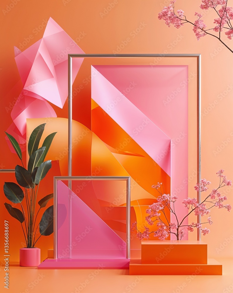 Poster orange with pink transparent geometric shapes layer abstract background for card or greeting templat