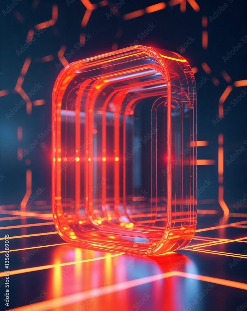 Poster orange with red glowing hologram transparent tech abstract background for card or greeting template 
