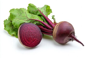 Fresh whole and sliced beetroot with vibrant green leaves.