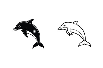 Fototapeta premium Two Dolphin Designs Black, Outline, Aquatic, Mammal, Marine, Ocean, Wildlife, Nature, Jump, Illustrate