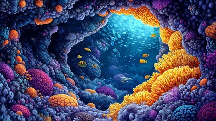 Fototapeta premium Vibrant Coral Reef Under Bright Blue Sky Showcasing Colorful Orange Coral and Lively Marine Life