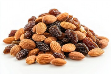 Close-up of a mix of almonds and raisins on white background.