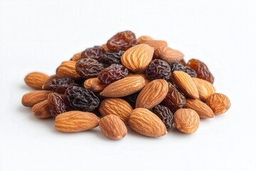 Pile of almonds and raisins on a white background.