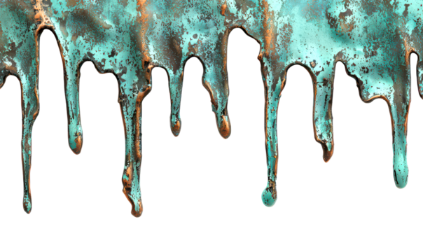 Dripping Oxidized Copper Textures for Industrial Design and Art Isolate on Transparent Background, cutout, png