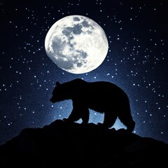 Silhouette of a bear on a mountaintop at night under a full moon