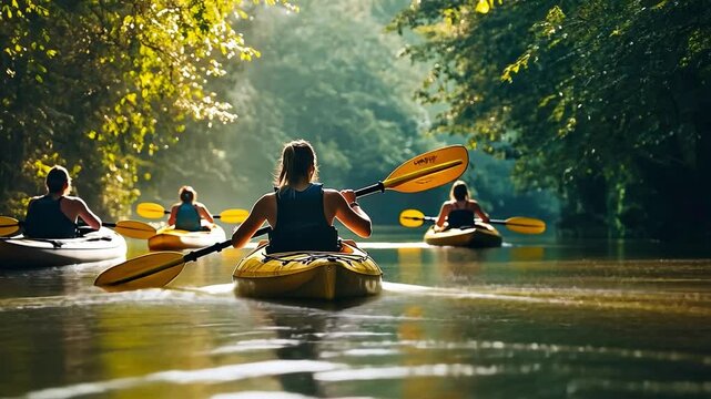 A group of adventurers kayaking through a mangrove forest, guided by eco-tourism experts.