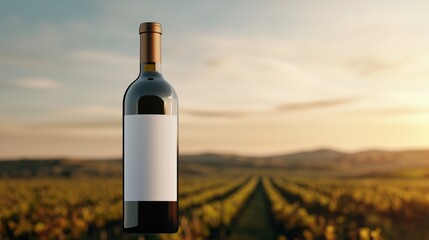 Fototapeta premium Wine bottle label shadow over vineyard mockup