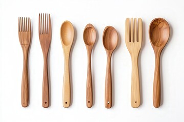 Variety of wooden kitchen utensils on white background.