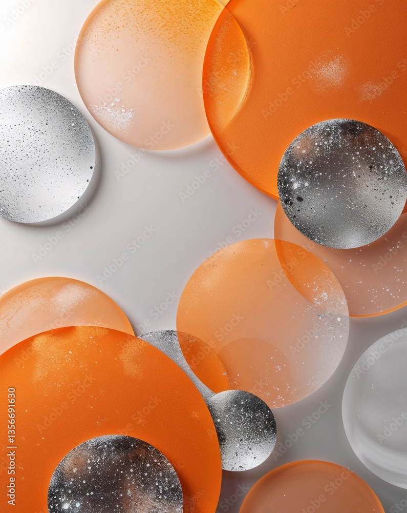 Poster orange with silver transparent circular shapes layer abstract background for card or greeting templa