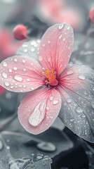 Close-up of a dew-kissed pink hibiscus flower in bloom