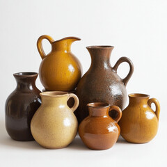 A set of brown pitchers and accessories on a white cell.