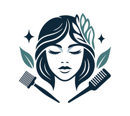 Illustration of a woman's head with hair surrounded by hair care elements: combs, leaves and stars.