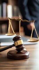 Gavel, Scales, and Judge in Blurred Background
