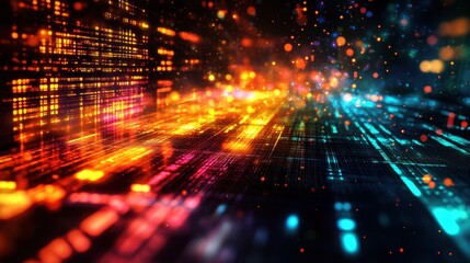 Obraz premium Abstract digital data stream with glowing particles and vibrant colors.