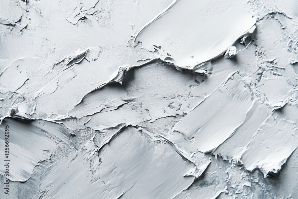 Poster abstract monochrome painting with thick white paint strokes creating a textured surface and visual d